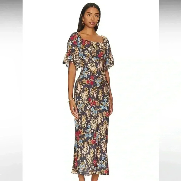 NWT Spell Flora Midi Flutter Sleeve Floral Dress Mystic S - Picture 3 of 5